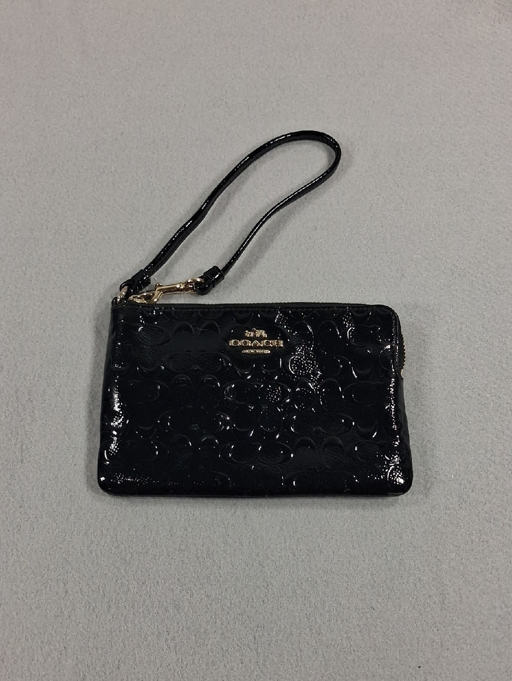 Coach Black Patent Signature Wristlet with Gold Hardware
